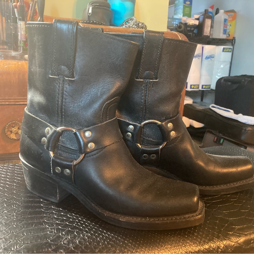 Frye Black Leather Harness Ankle Boots